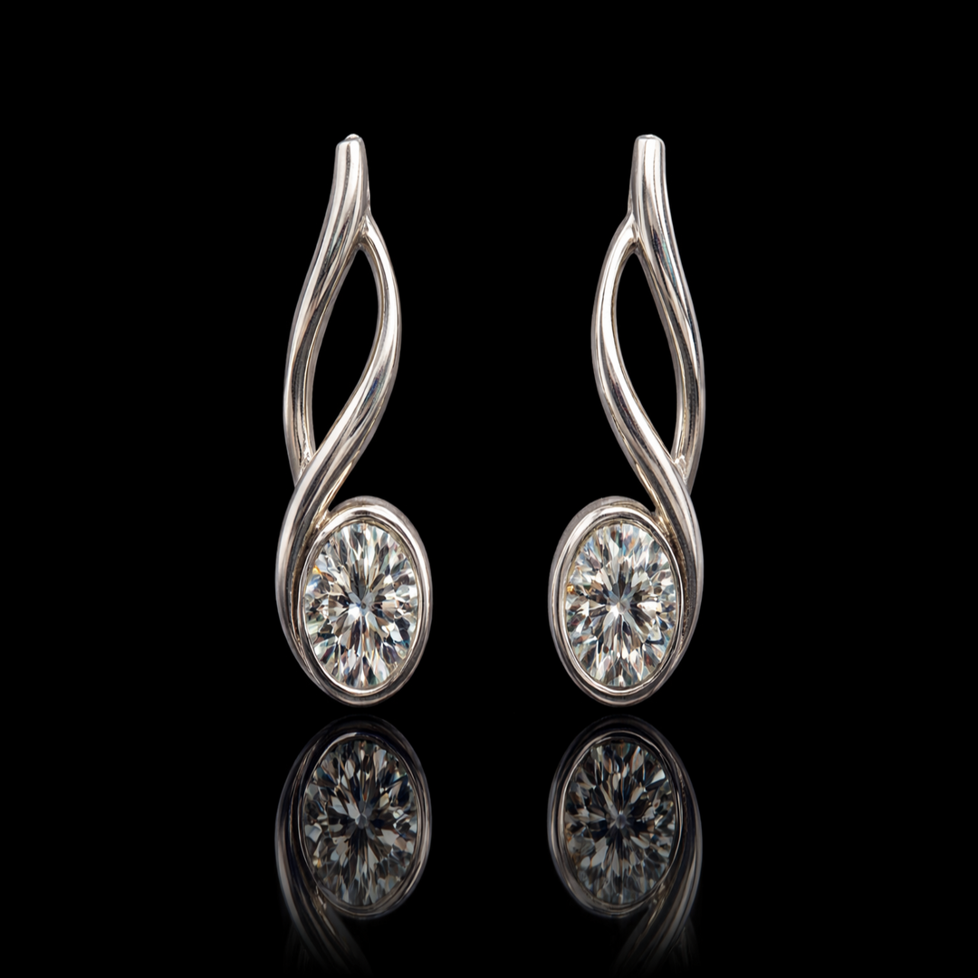 925 Sterling Silver Wave Drop Earrings - Brilliant Round Solitaire Bezel Set Studs - Unique Curvy Ribbon Earrings for Women - Hypoallergenic Jewelry