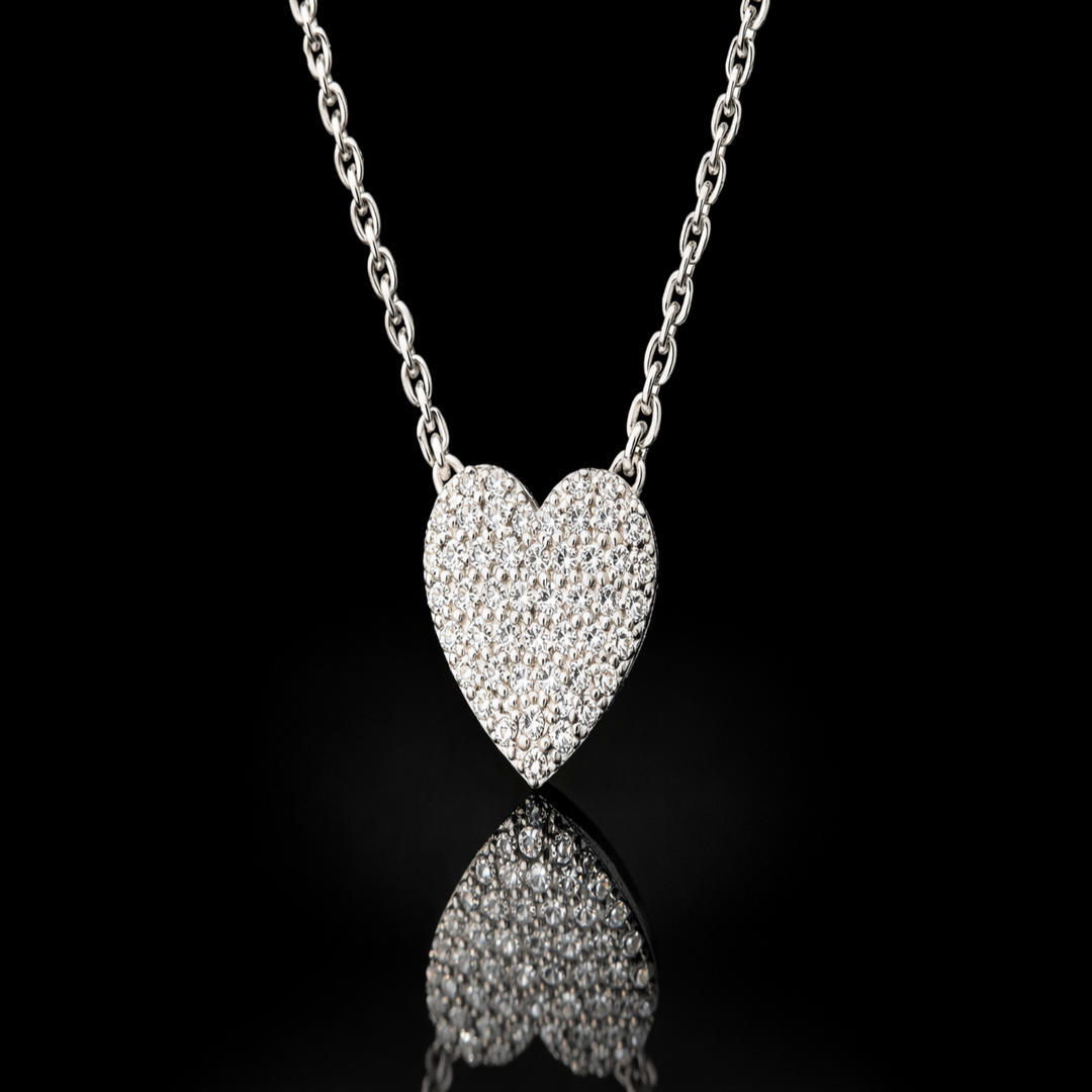 925 Sterling Silver Pave Heart Pendant Necklace – Sparkling Heart Shaped Charm with Adjustable Chain – Romantic Jewelry Gift for Women