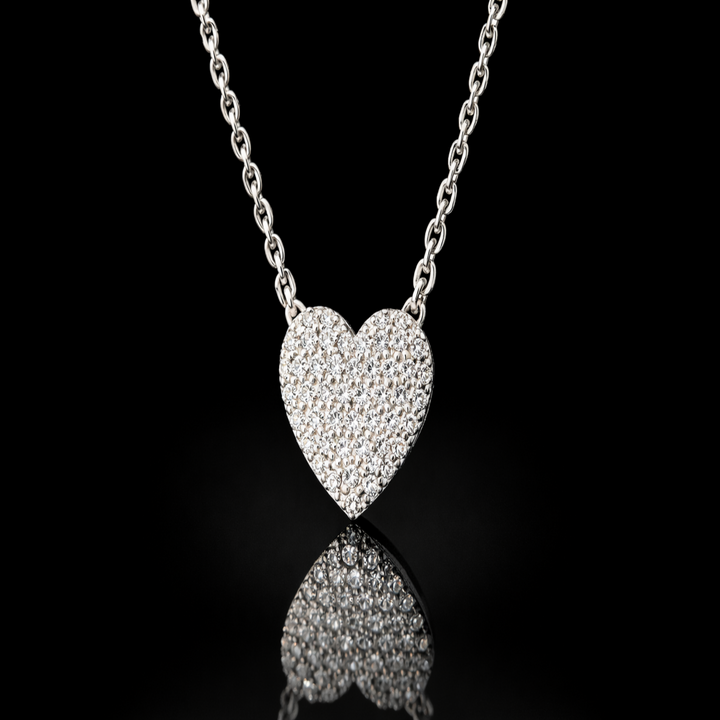 925 Sterling Silver Pave Heart Pendant Necklace – Sparkling Heart Shaped Charm with Adjustable Chain – Romantic Jewelry Gift for Women