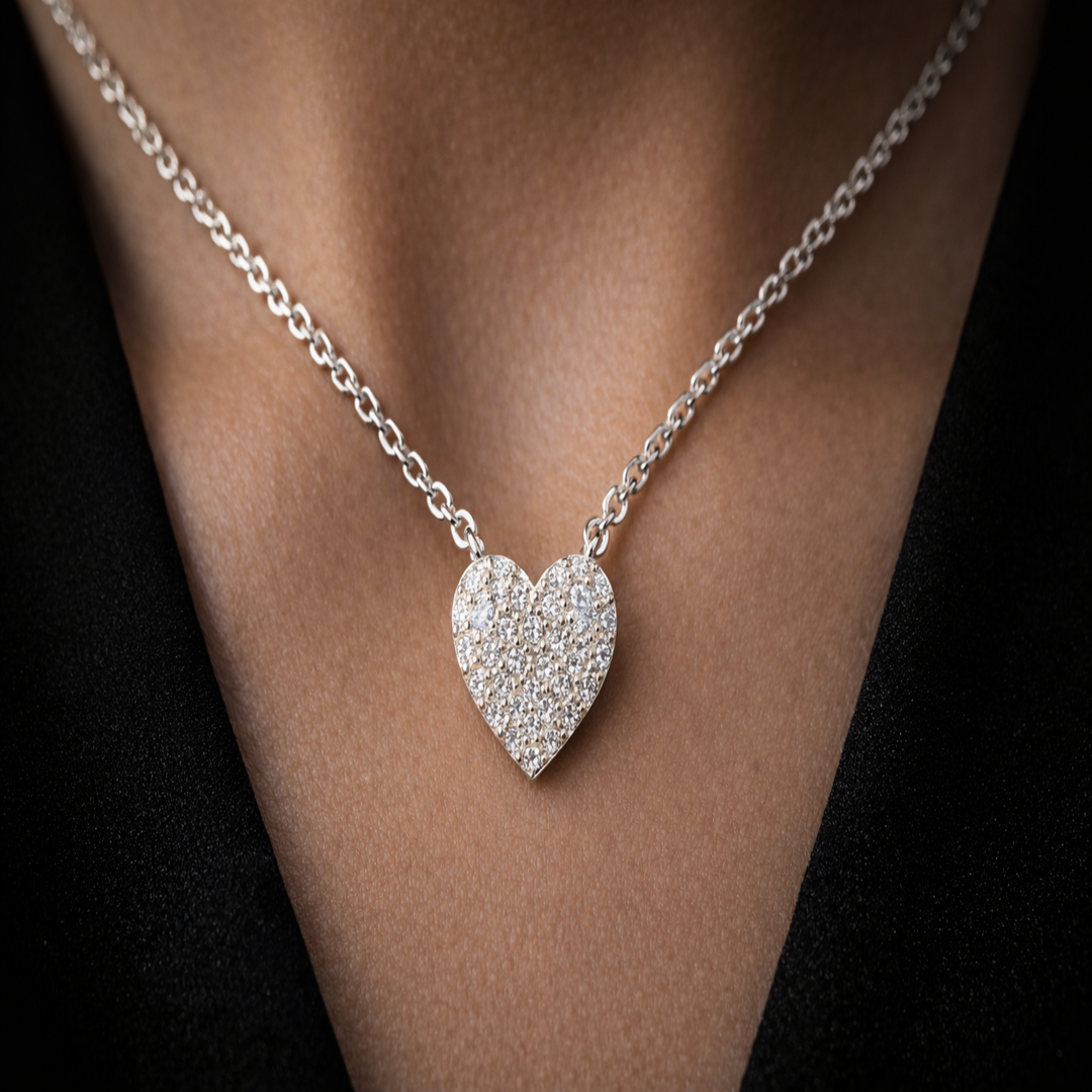 925 Sterling Silver Pave Heart Pendant Necklace – Sparkling Heart Shaped Charm with Adjustable Chain – Romantic Jewelry Gift for Women
