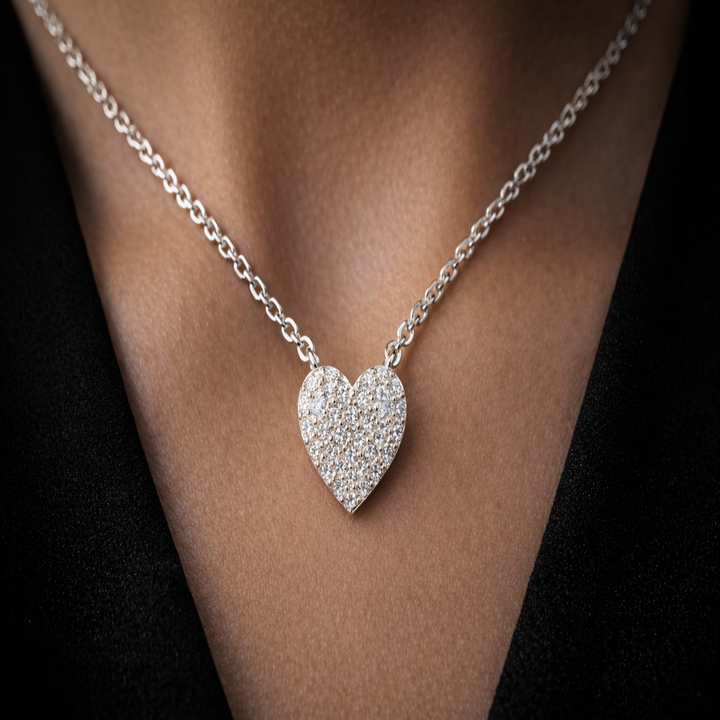 925 Sterling Silver Pave Heart Pendant Necklace – Sparkling Heart Shaped Charm with Adjustable Chain – Romantic Jewelry Gift for Women