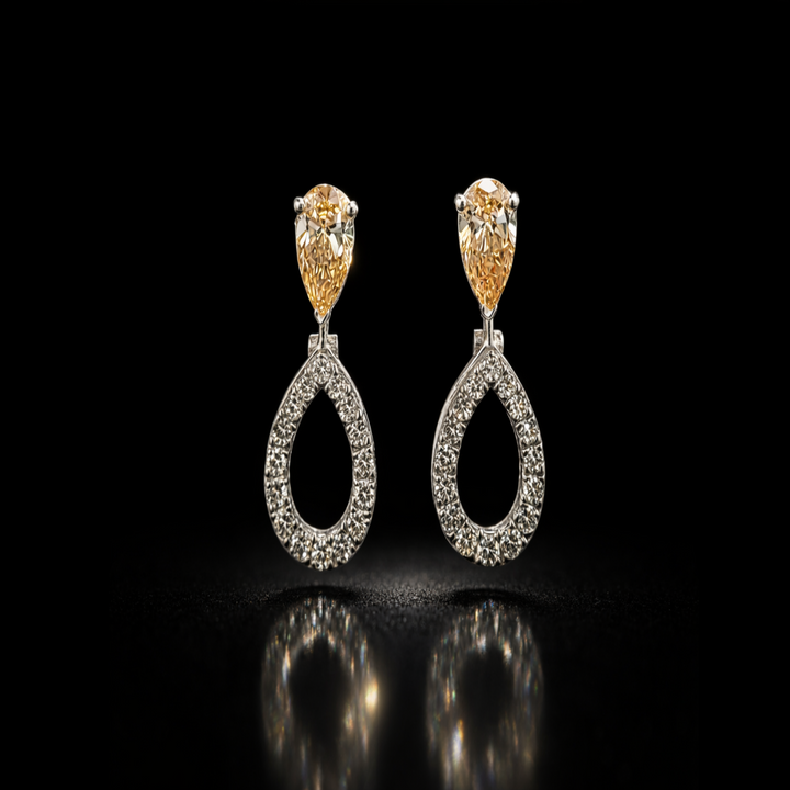 Multi-Wear Collection: 3-in-1 Pear Halo &amp; Dangle Earrings – Radiant Champagne Stone Set in Polished 925 Silver