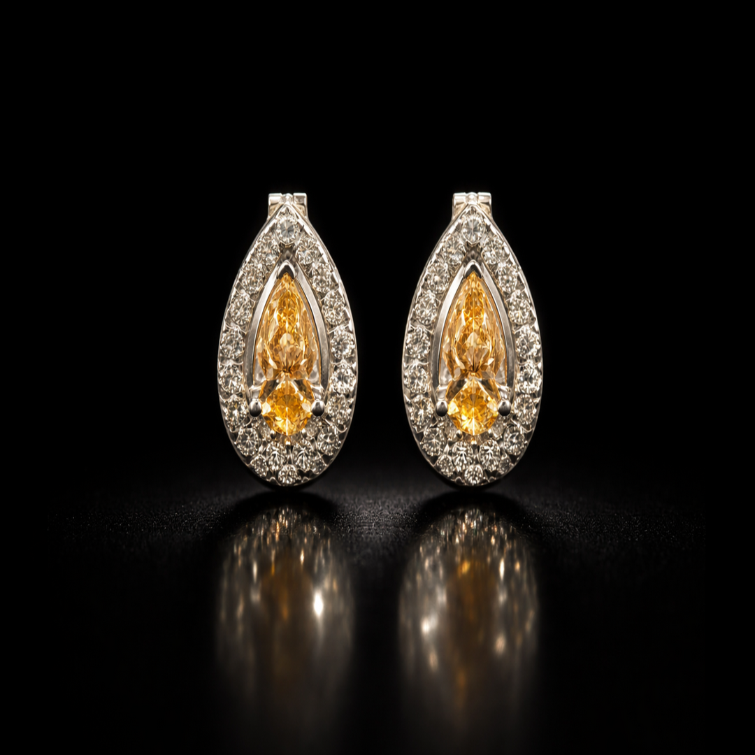 Multi-Wear Collection: 3-in-1 Pear Halo &amp; Dangle Earrings – Radiant Champagne Stone Set in Polished 925 Silver