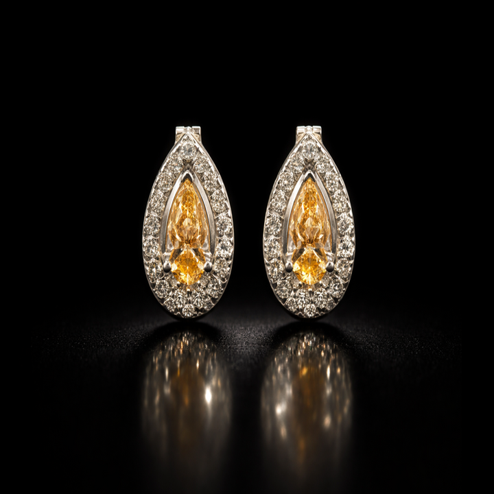 Multi-Wear Collection: 3-in-1 Pear Halo &amp; Dangle Earrings – Radiant Champagne Stone Set in Polished 925 Silver