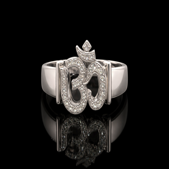 Sterling Silver Hindu Om Jewelry – Divine Aum Signet Ring with Shimmering Stones – Meaningful Birthday or Diwali Gift for Him/Her