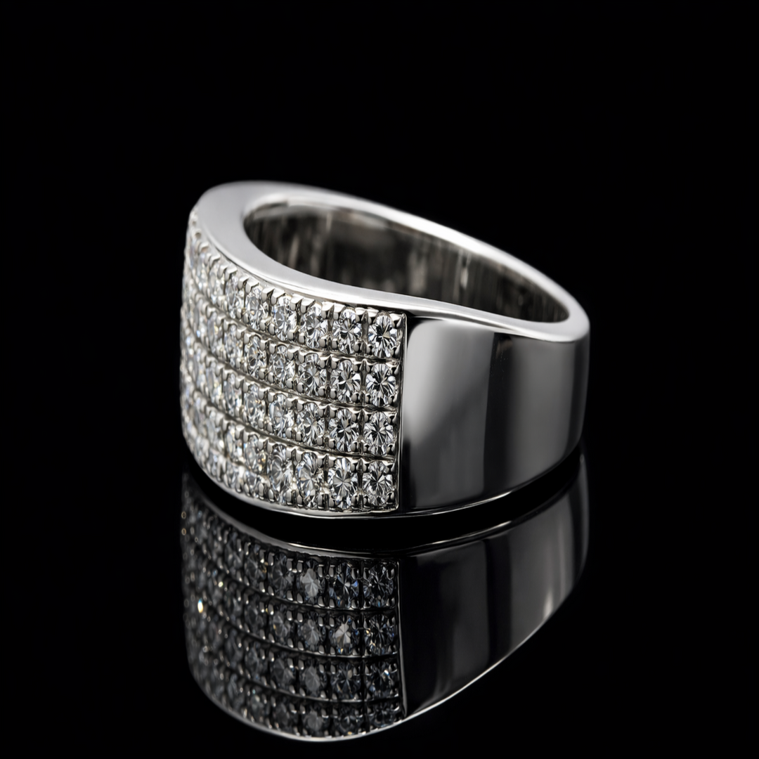 Mens Silver Wide Wedding Band with Four Rows of Cubic Zirconia