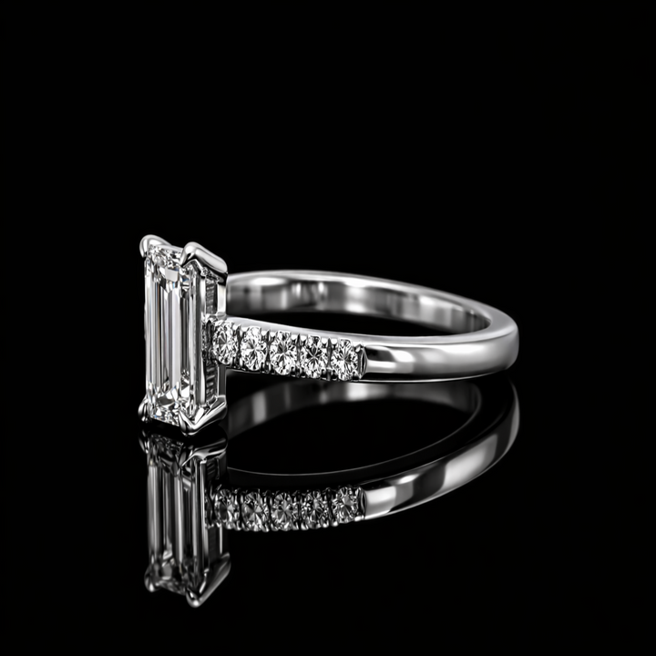 Emerald Cut Solitaire Engagement Ring in 925 Sterling Silver – Classic Rectangle Promise Ring with Pavé Band for Women