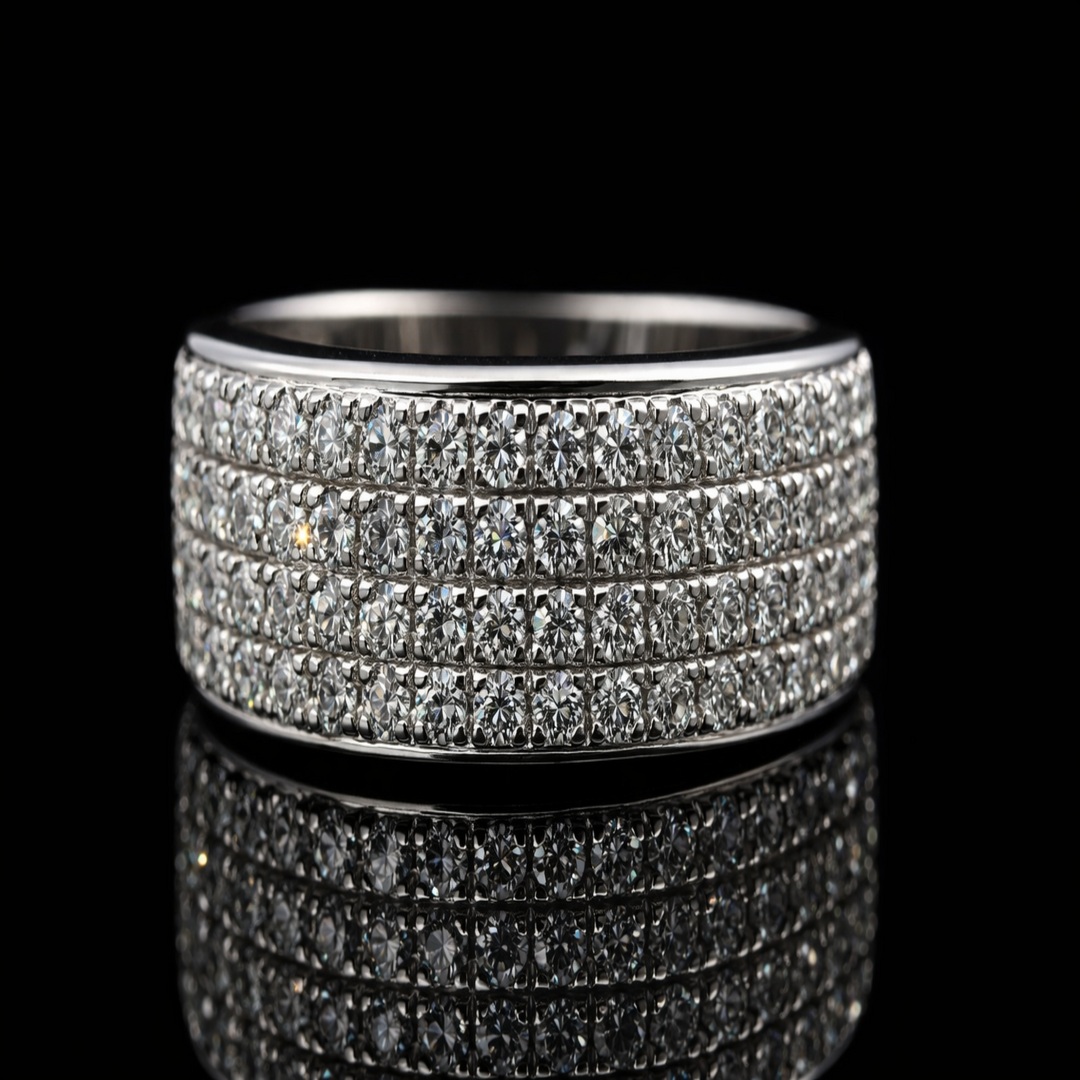 Mens Silver Wide Wedding Band with Four Rows of Cubic Zirconia
