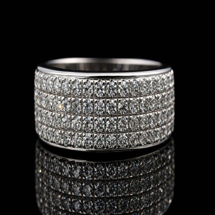Mens Silver Wide Wedding Band with Four Rows of Cubic Zirconia