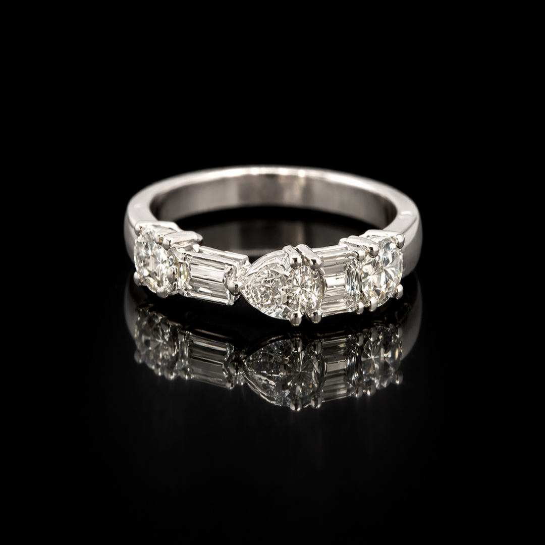 925 Sterling Silver Mixed Cut Anniversary Band - Pear, Baguette, Emerald &amp; Oval Cubic Zirconia Stackable Ring - Unique Multi-Stone Wedding Band for Women