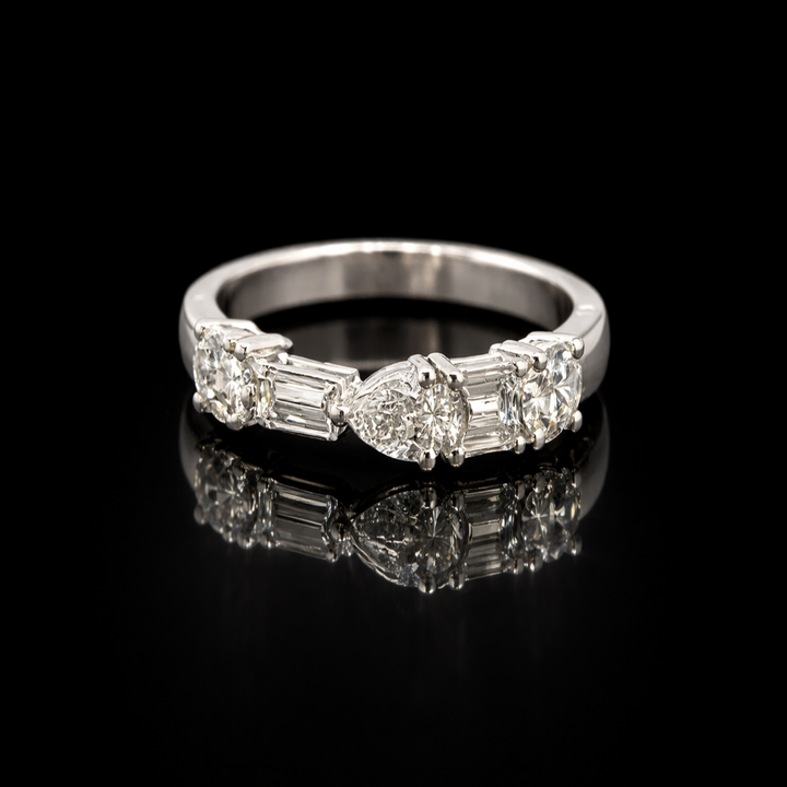 925 Sterling Silver Mixed Cut Anniversary Band - Pear, Baguette, Emerald &amp; Oval Cubic Zirconia Stackable Ring - Unique Multi-Stone Wedding Band for Women
