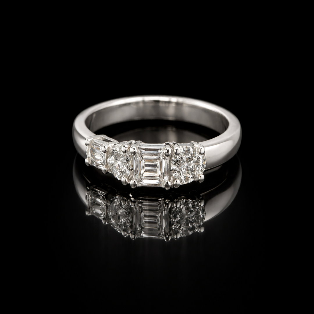 925 Sterling Silver Mixed Cut Anniversary Band - Pear, Baguette, Emerald &amp; Oval Cubic Zirconia Stackable Ring - Unique Multi-Stone Wedding Band for Women