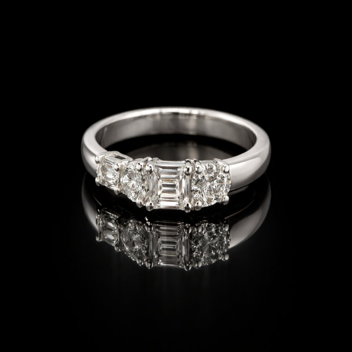 925 Sterling Silver Mixed Cut Anniversary Band - Pear, Baguette, Emerald &amp; Oval Cubic Zirconia Stackable Ring - Unique Multi-Stone Wedding Band for Women