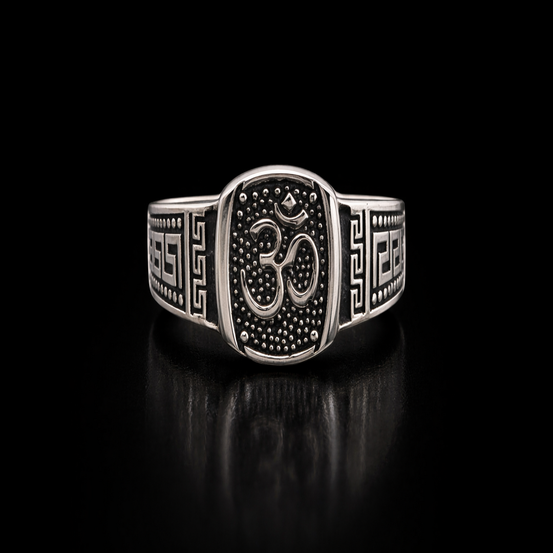 Zenith Silver Signet: Oxidized Om Ring with Geometric Border