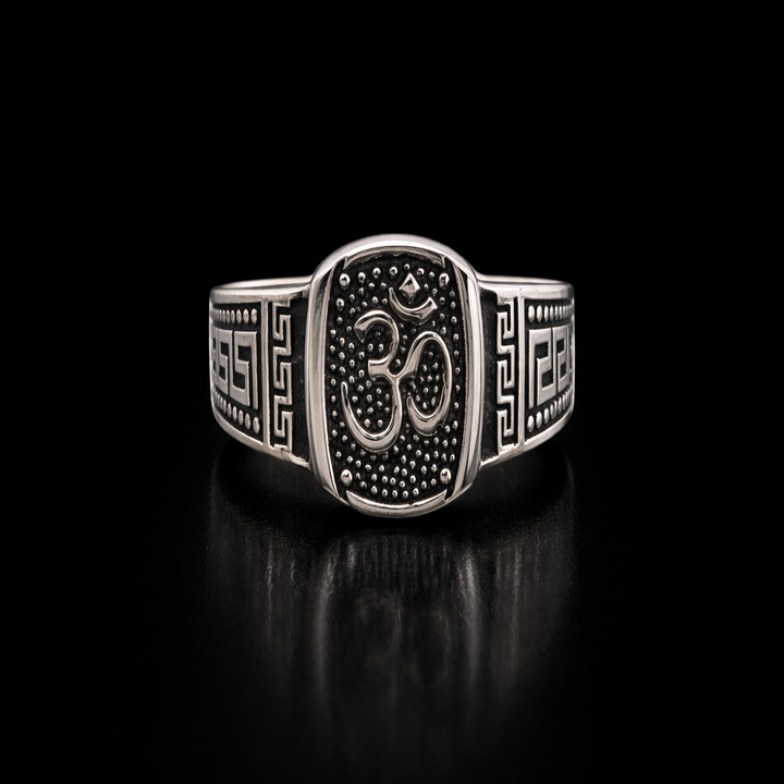 Zenith Silver Signet: Oxidized Om Ring with Geometric Border