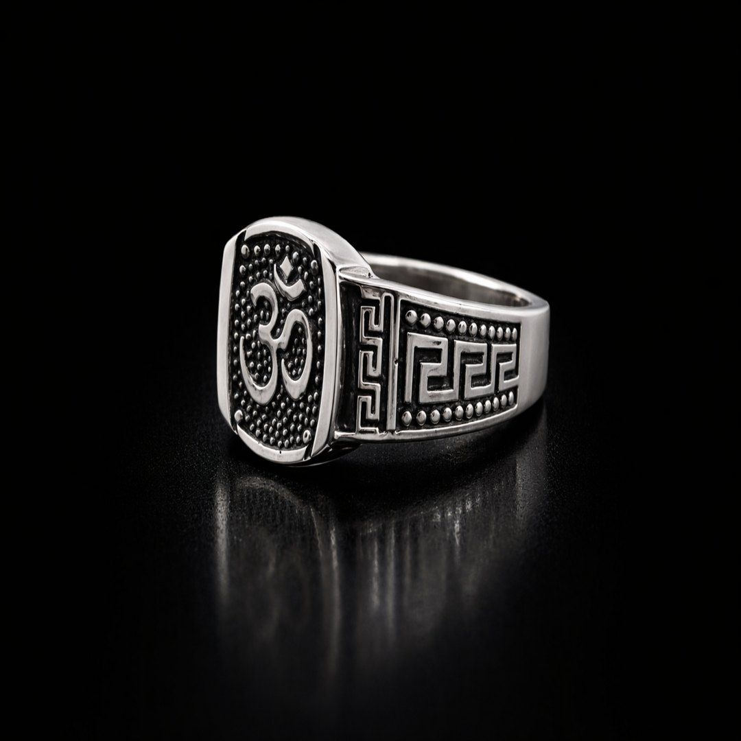 Zenith Silver Signet: Oxidized Om Ring with Geometric Border