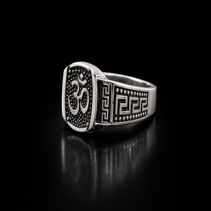 Zenith Silver Signet: Oxidized Om Ring with Geometric Border