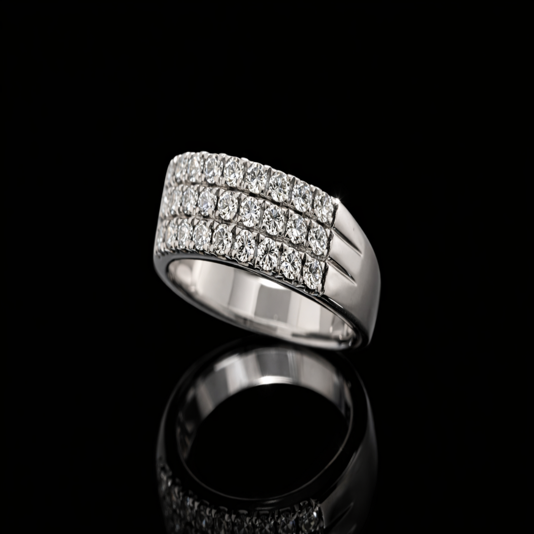 925 Sterling Silver Triple Row Pavé Ring - Sparkling Full Eternity Band for Women - Wide Multi-Stone Cubic Zirconia Statement Ring - Wedding Anniversary Jewelry