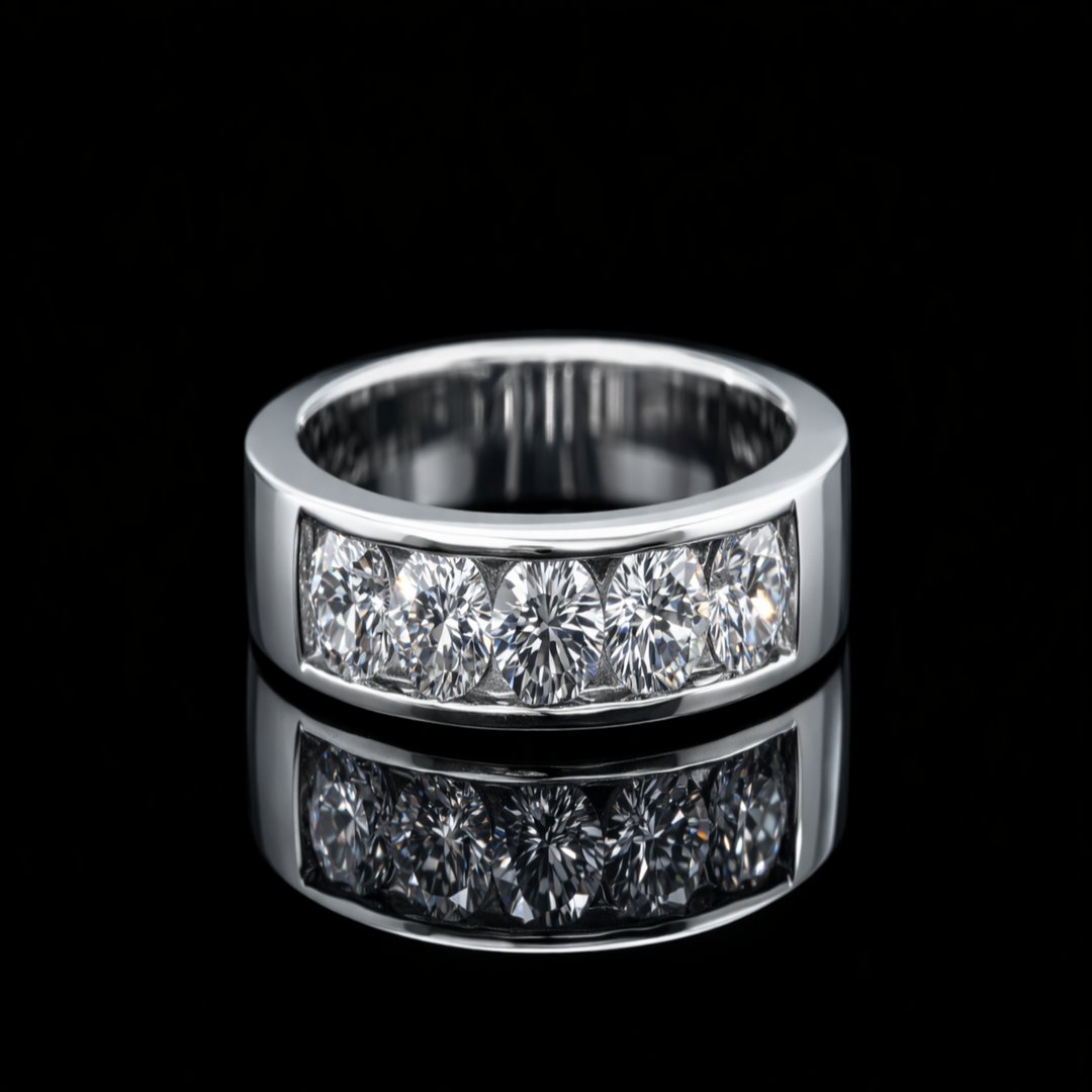 Men’s Silver Executive Band – Sparkling 5-Stone Channel Set Ring – Modern Luxury Gents Jewelry Gift