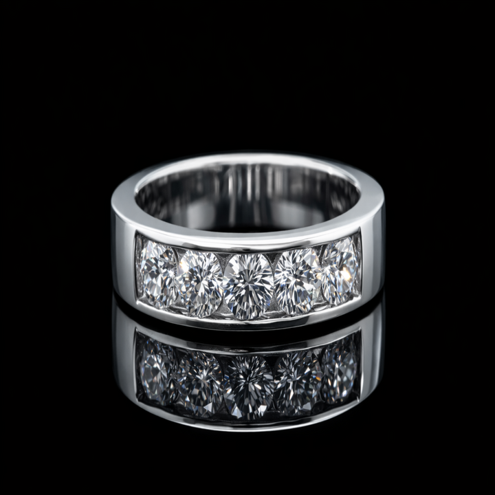 Men’s Silver Executive Band – Sparkling 5-Stone Channel Set Ring – Modern Luxury Gents Jewelry Gift