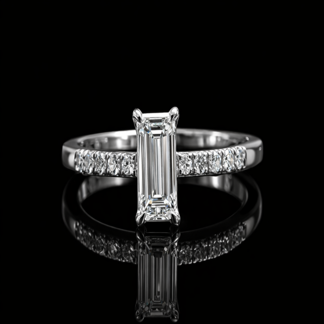 Emerald Cut Solitaire Engagement Ring in 925 Sterling Silver – Classic Rectangle Promise Ring with Pavé Band for Women