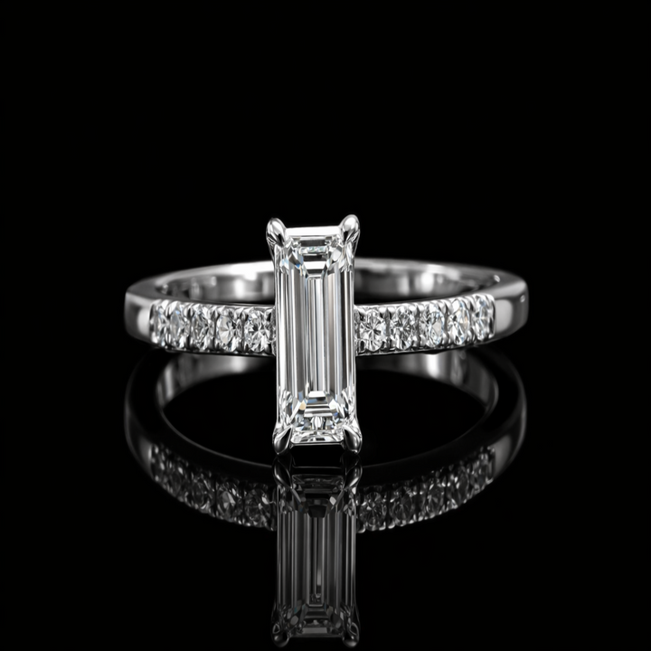 Emerald Cut Solitaire Engagement Ring in 925 Sterling Silver – Classic Rectangle Promise Ring with Pavé Band for Women
