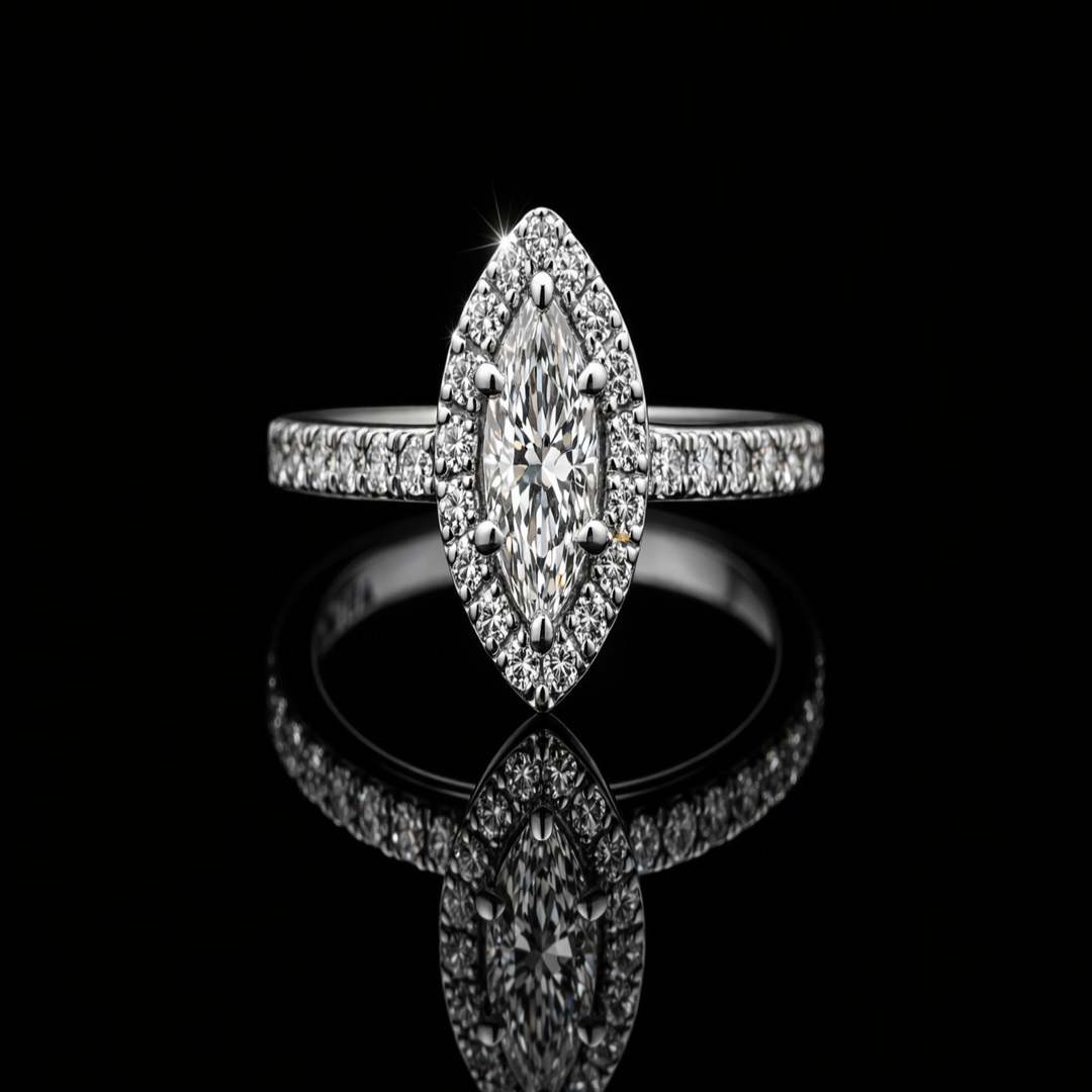 The Marquise Majesty: Shimmering Halo Statement Ring in Polished Silver – Elegant Navette-Cut Solitaire with Accents