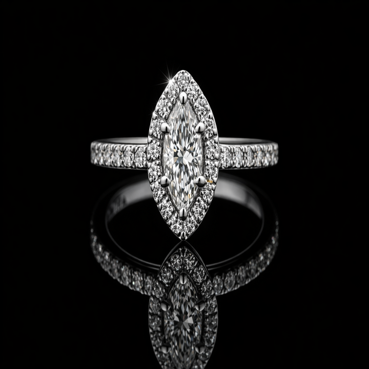 The Marquise Majesty: Shimmering Halo Statement Ring in Polished Silver – Elegant Navette-Cut Solitaire with Accents