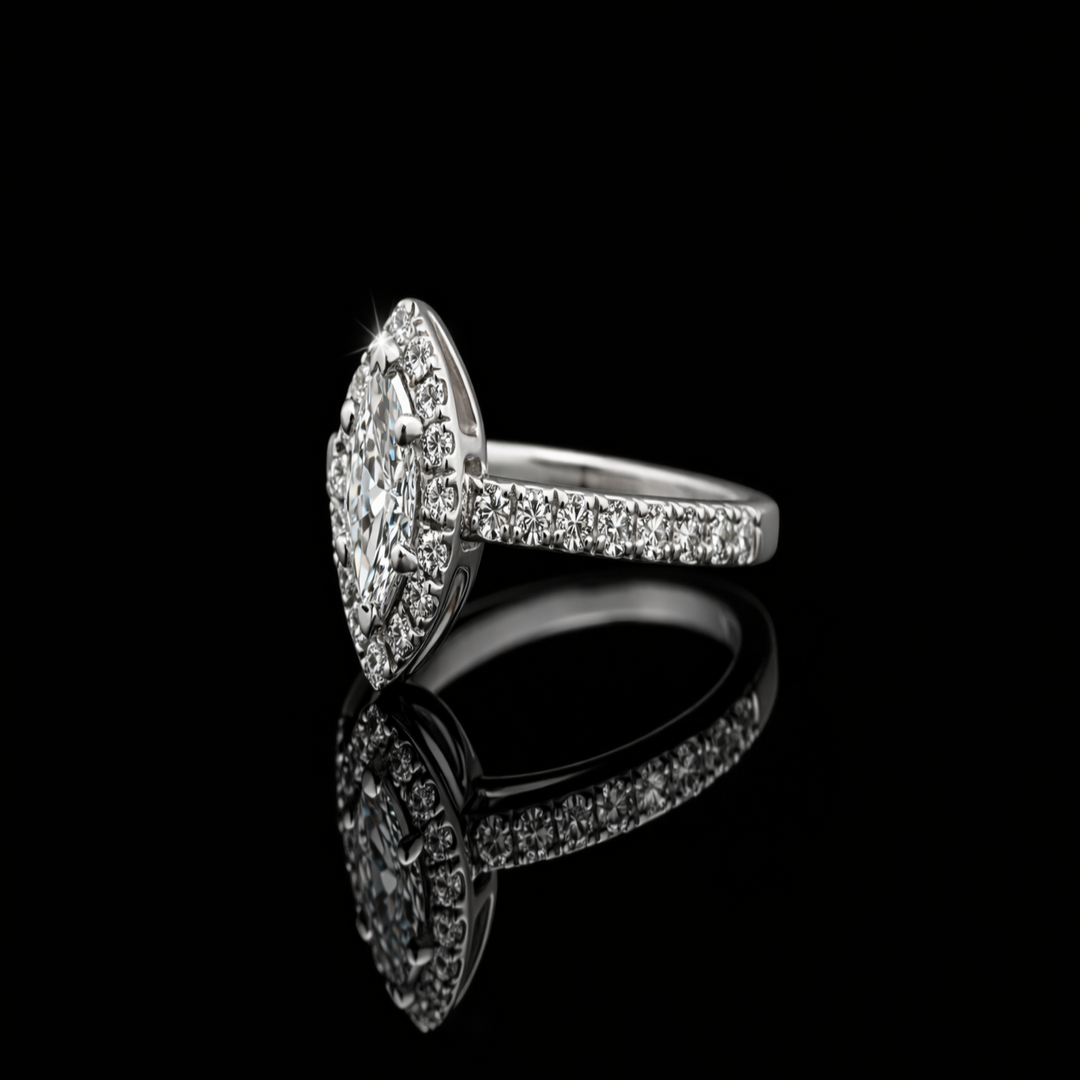 The Marquise Majesty: Shimmering Halo Statement Ring in Polished Silver – Elegant Navette-Cut Solitaire with Accents