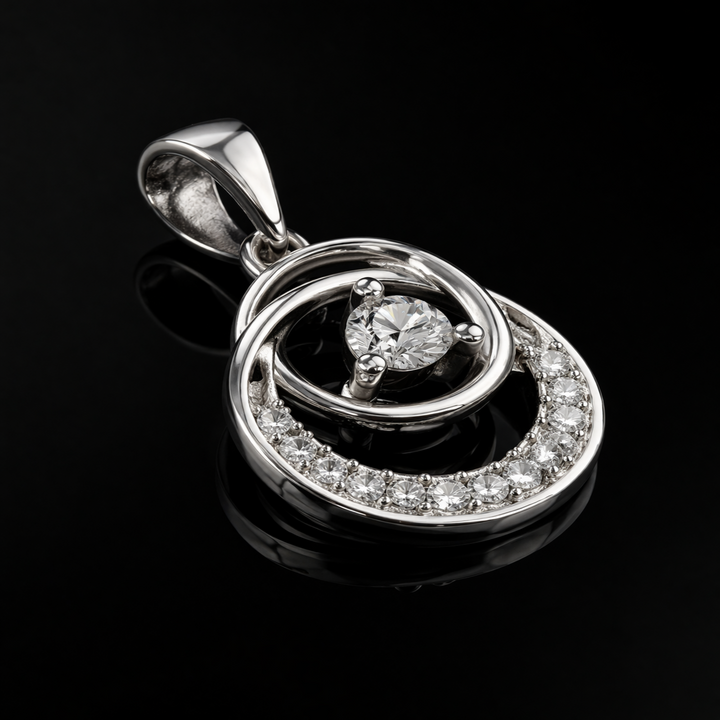925 Sterling Silver Interlocking Circle Pendant – Triple Tiered Orbital Solitaire Charm