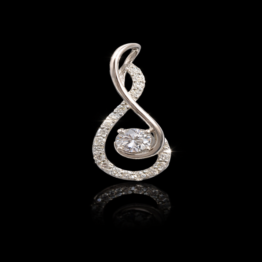 925 Sterling Silver Twisted Ribbon Pendant – Sparkling Solitaire Wave Charm