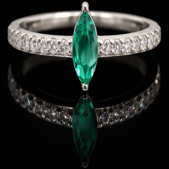 925 Sterling Silver Marquise Green Stone Ring – Petite Accent Band