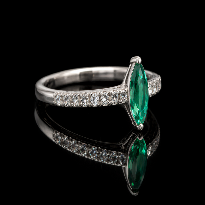 925 Sterling Silver Marquise Green Stone Ring – Petite Accent Band
