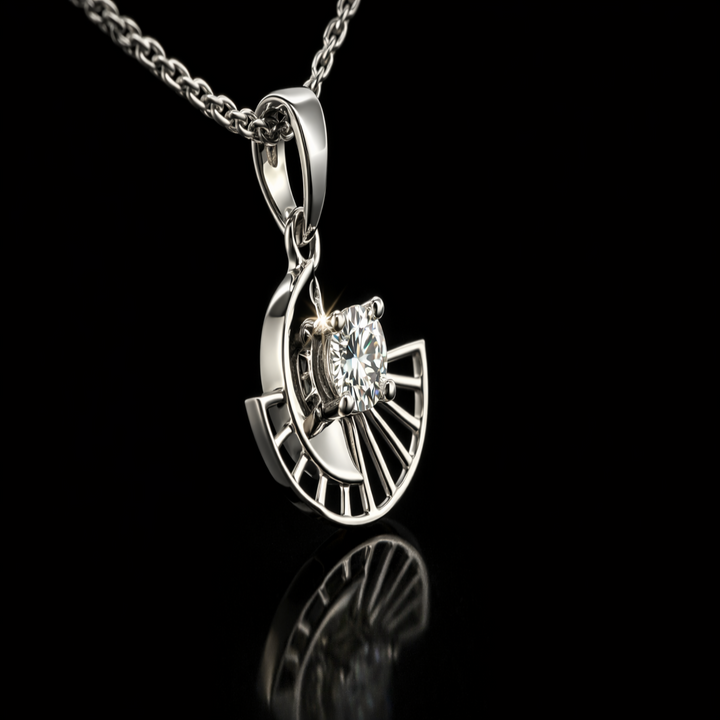 Silver Half-Moon Sunburst Pendent – Dainty Solitaire Geometric Charm for Everyday Elegance