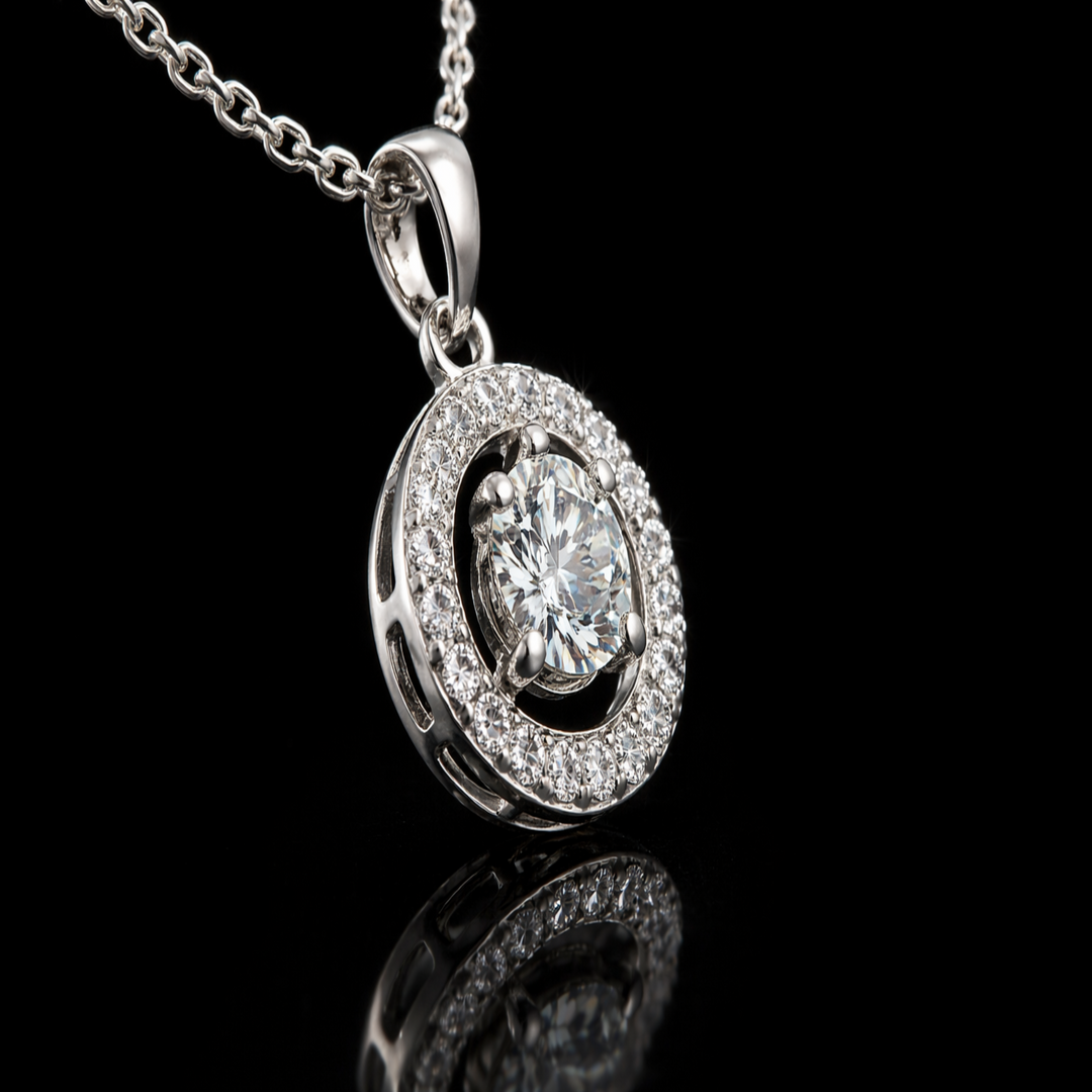 The Eternal Radiance Pendant: Floating Diamond Halo Pendent in Polished Silver