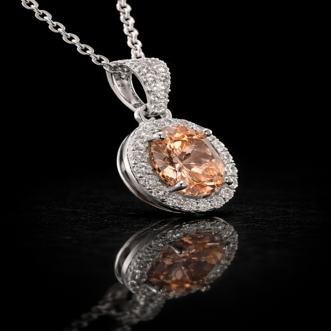Champagne Oval Halo Pendant in 925 Sterling Silver