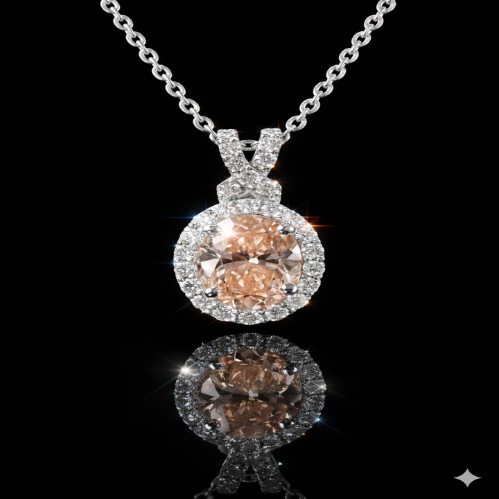 Champagne Oval Halo Pendant in 925 Sterling Silver