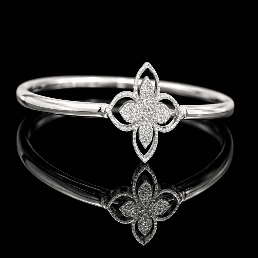 925 Sterling Silver Floral Clover Bangle – Sparkling Cubic Zirconia Quatrefoil Bracelet for Women – Adjustable Open-Style Stackable Silver Jewelry