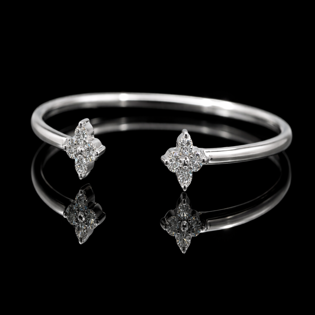 925 Sterling Silver Open Bangle Bracelet – Double Flower Quatrefoil Cuff – Sparkling Cubic Zirconia Bypass Bracelet for Women – Adjustable Jewelry Gift