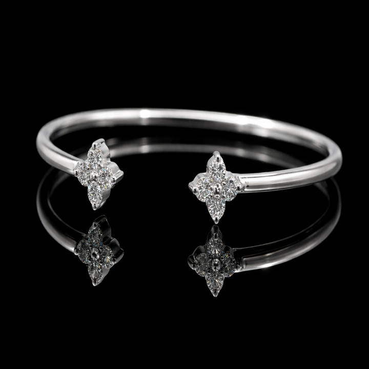 925 Sterling Silver Open Bangle Bracelet – Double Flower Quatrefoil Cuff – Sparkling Cubic Zirconia Bypass Bracelet for Women – Adjustable Jewelry Gift