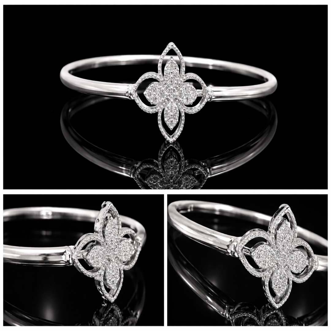 925 Sterling Silver Floral Clover Bangle – Sparkling Cubic Zirconia Quatrefoil Bracelet for Women – Adjustable Open-Style Stackable Silver Jewelry