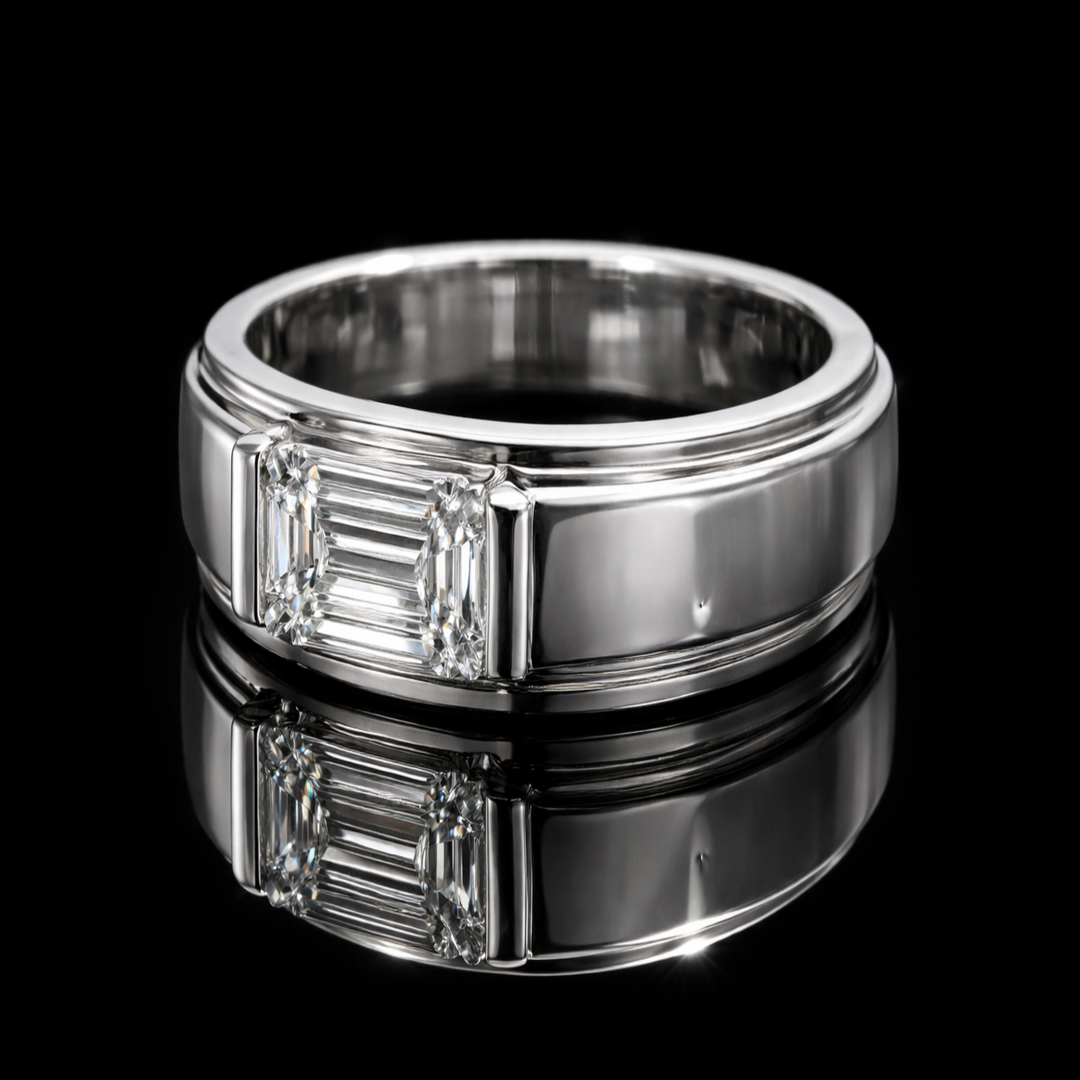 925 Sterling Silver Men’s Bar-Set Band – Horizontal Baguette Cut Accent Ring