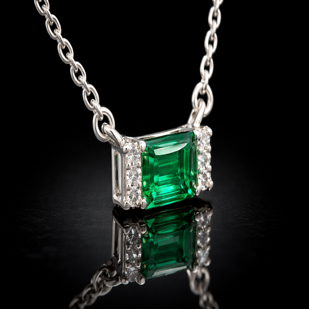 925 Sterling Silver East-West Emerald-Cut Green Pendant – Horizontal Bar Statement Necklace