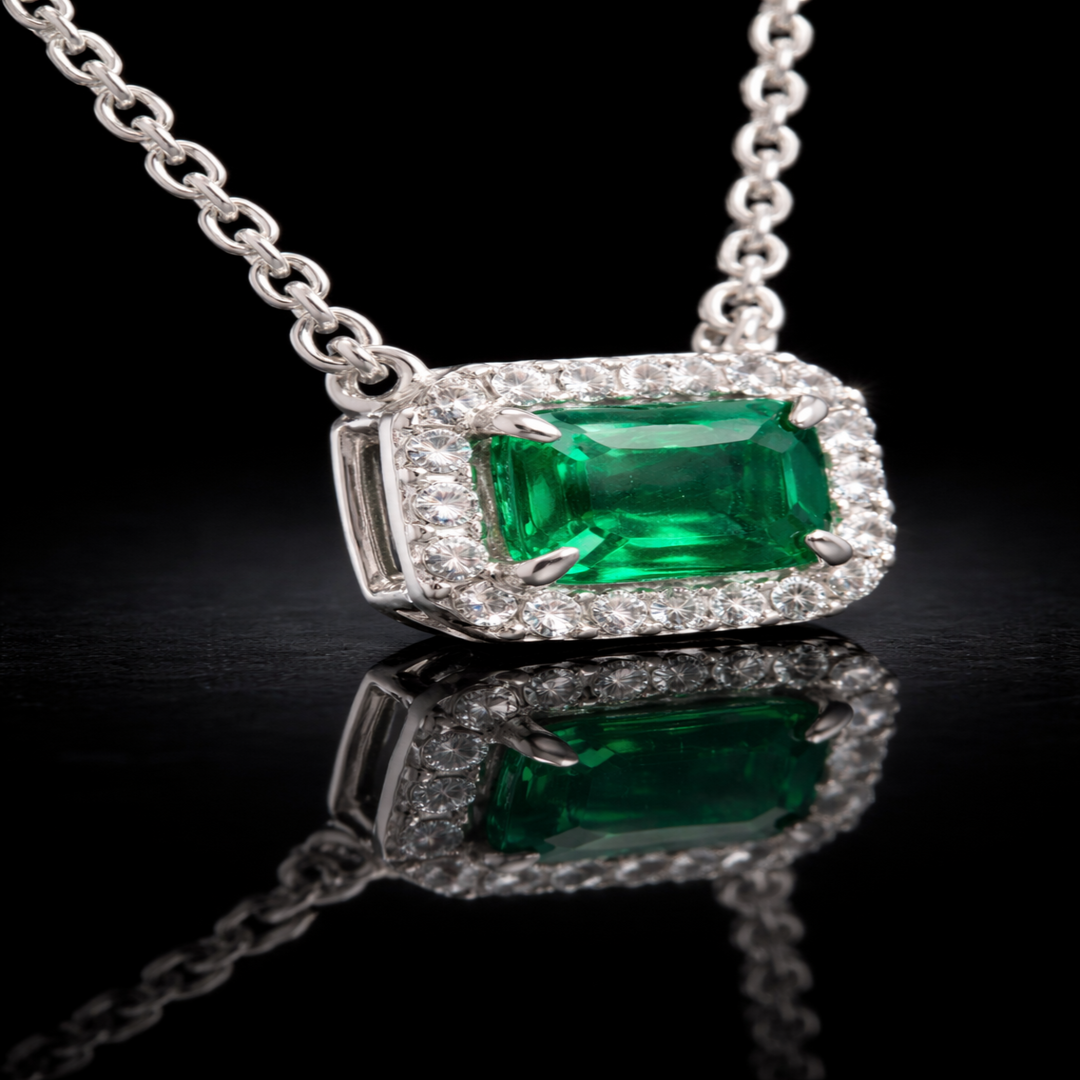 925 Sterling Silver Emerald-Cut Green Stone Pendant – Radiant Halo Statement Pendant