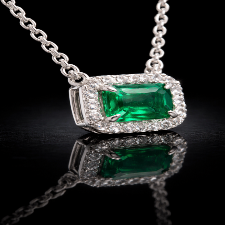 925 Sterling Silver Emerald-Cut Green Stone Pendant – Radiant Halo Statement Pendant