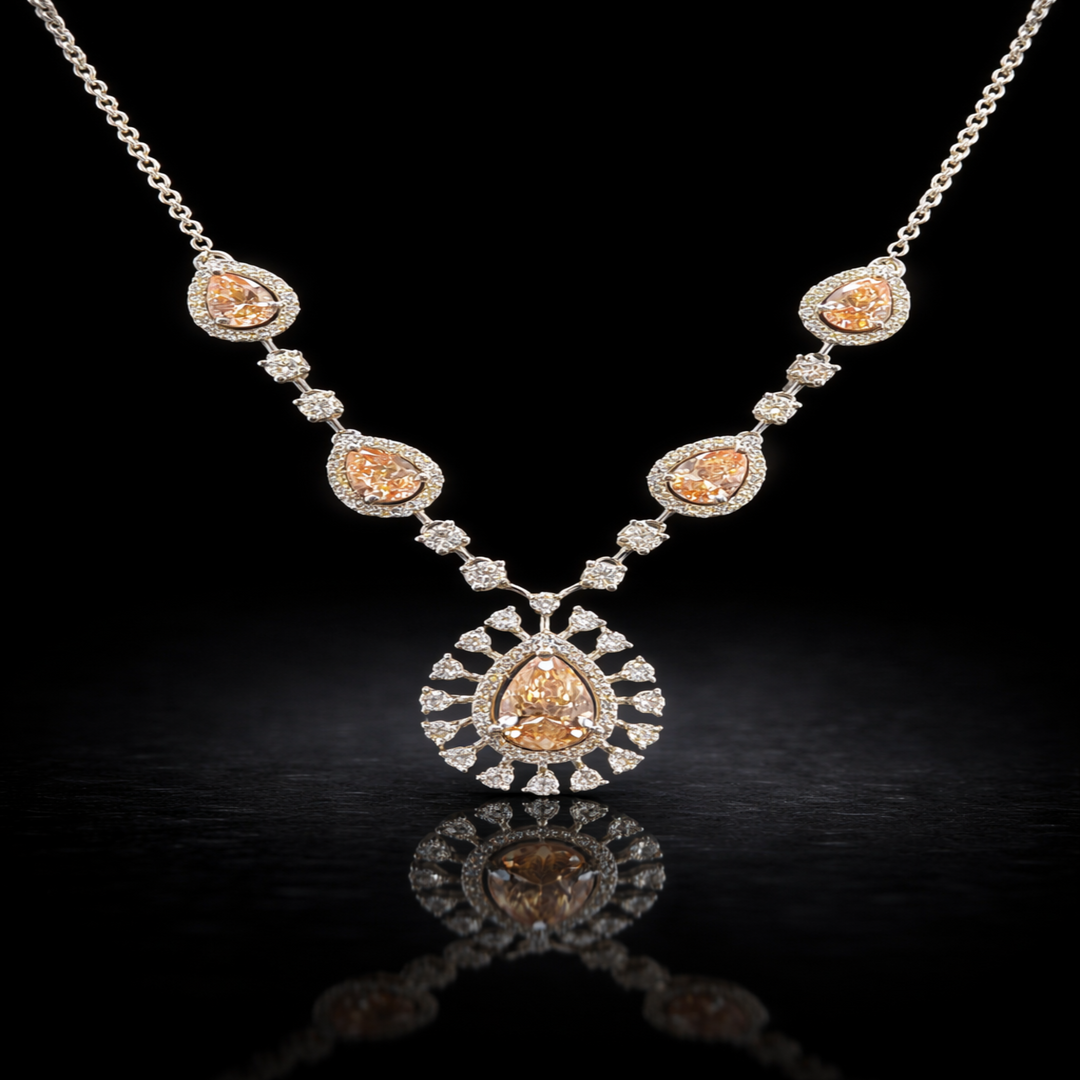 Silver Champagne Teardrop Necklace for Women - Pear Cut Simulated Diamond Statement Pendant, Sparkling Halo Sunburst Neckpiece, Elegant Wedding Bridal Jewelry Gift