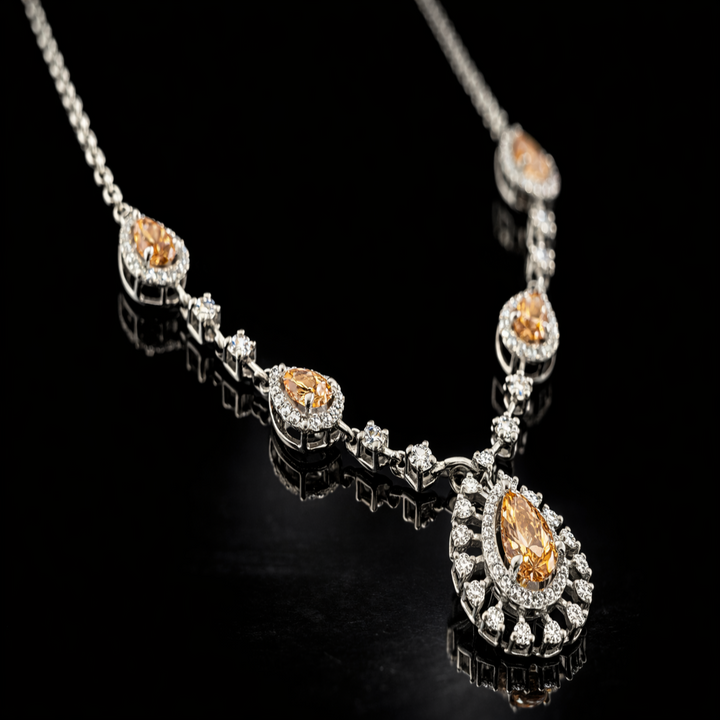 Silver Champagne Teardrop Necklace for Women - Pear Cut Simulated Diamond Statement Pendant, Sparkling Halo Sunburst Neckpiece, Elegant Wedding Bridal Jewelry Gift