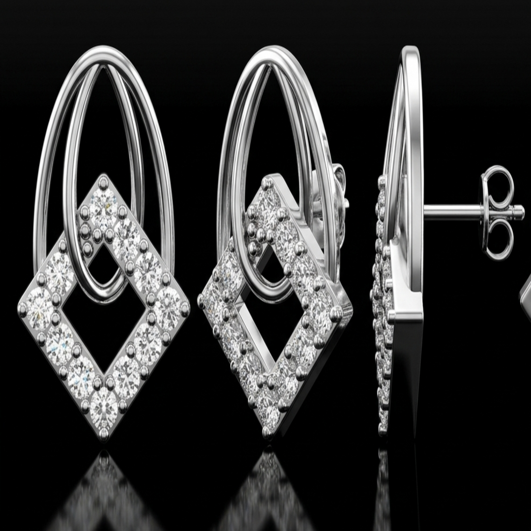 925 Sterling Silver Geometric Rhombus Stud Earrings | Modern Double Oval &amp; Square CZ Earrings for Women
