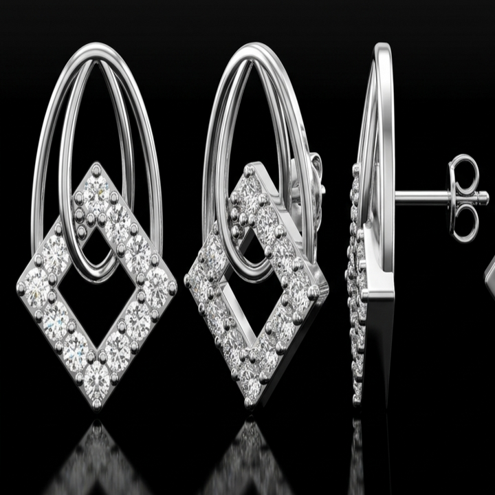 925 Sterling Silver Geometric Rhombus Stud Earrings | Modern Double Oval &amp; Square CZ Earrings for Women