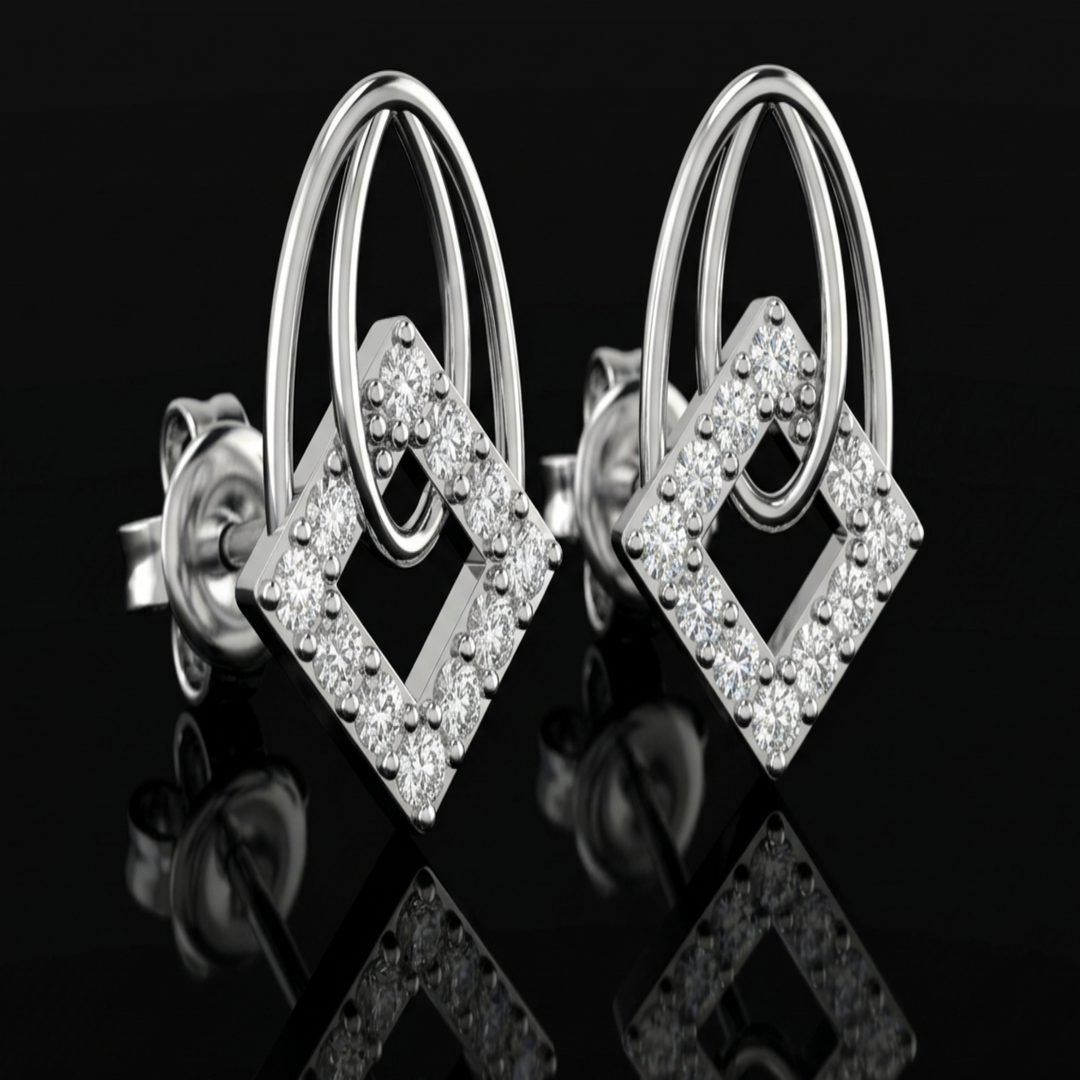 925 Sterling Silver Geometric Rhombus Stud Earrings | Modern Double Oval &amp; Square CZ Earrings for Women